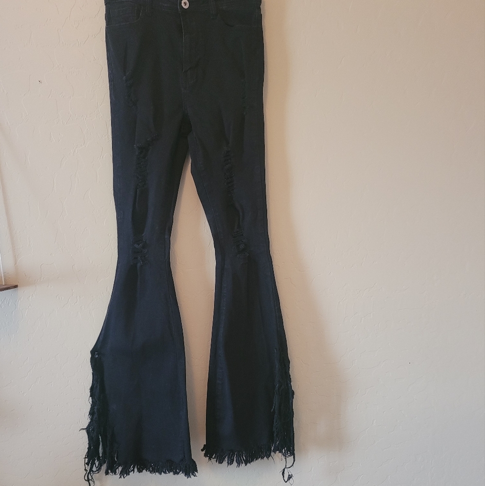 Black high waisted fringe bell bottoms